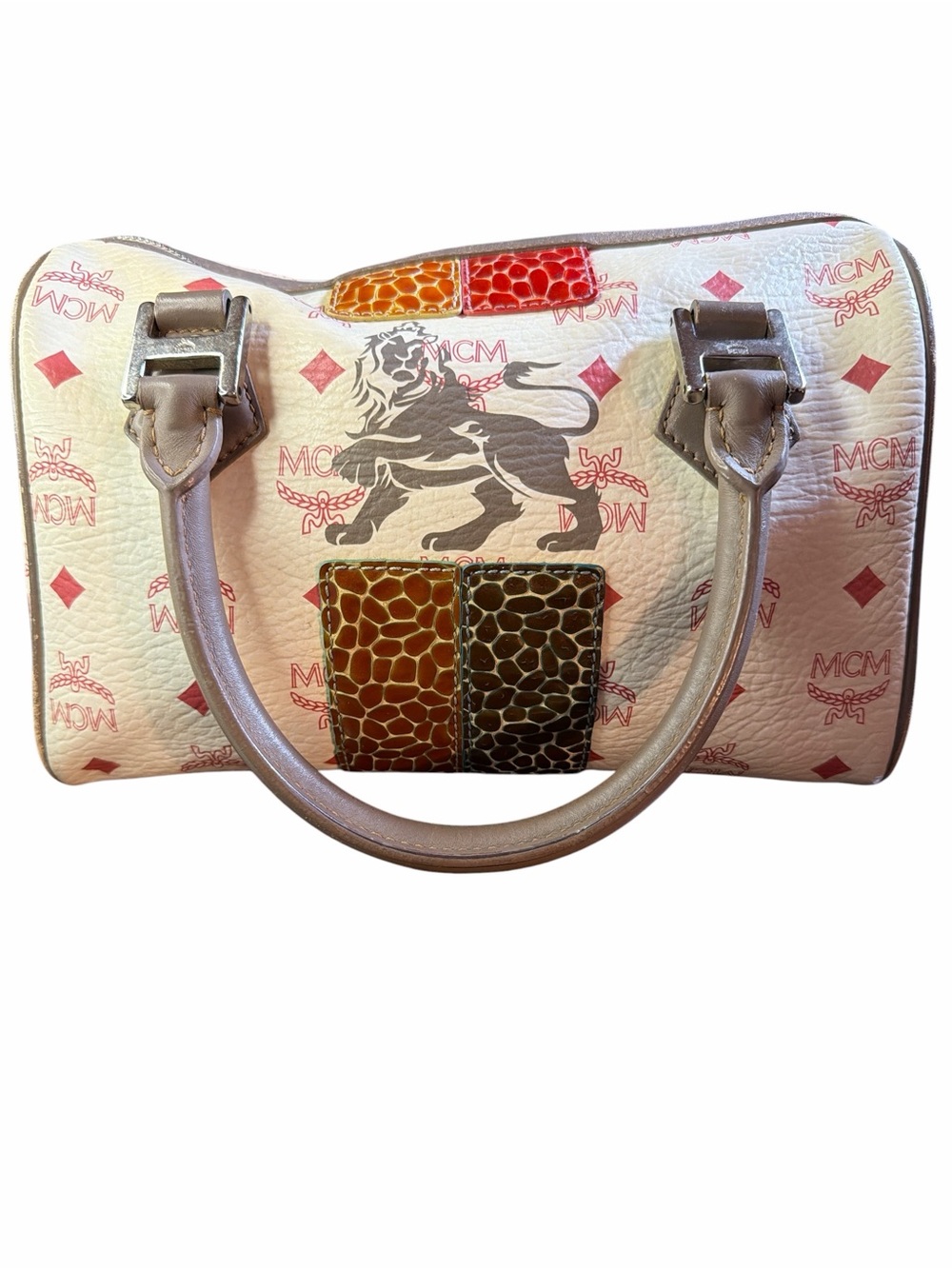 RARE*** MCM White Pink Logo Leather Satchel with Brown & Red Accent Panels